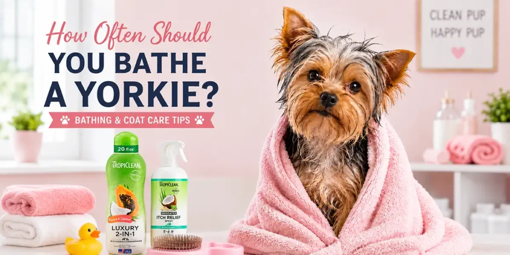 clean Yorkshire Terrier wrapped in a soft towel after a gentle bath in a bright pastel bathroom.