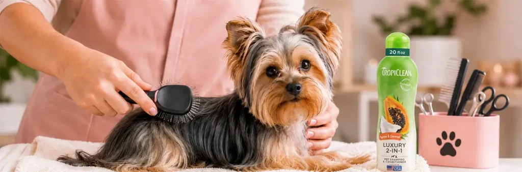 A Yorkshire Terrier being gently brushed before bath time in a cozy grooming space.