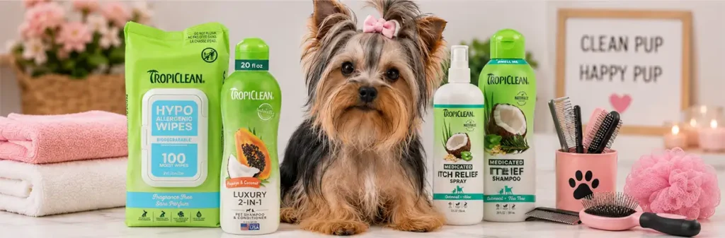 A Yorkie sitting beside dog shampoo, a towel, and grooming tools for bath day.