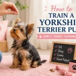 A Yorkshire Terrier puppy learning a training command with a treat in a cozy pastel home.