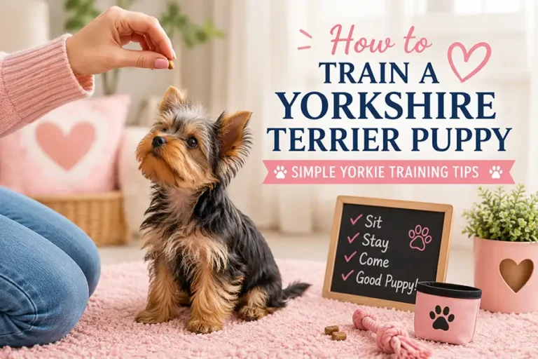 A Yorkshire Terrier puppy learning a training command with a treat in a cozy pastel home.