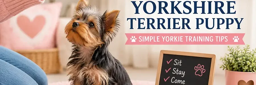 A Yorkshire Terrier puppy learning a training command with a treat in a cozy pastel home.