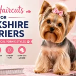 A freshly groomed Yorkshire Terrier with a cute haircut sitting in a pastel grooming studio with brushes, combs, bows, and grooming tools nearby.