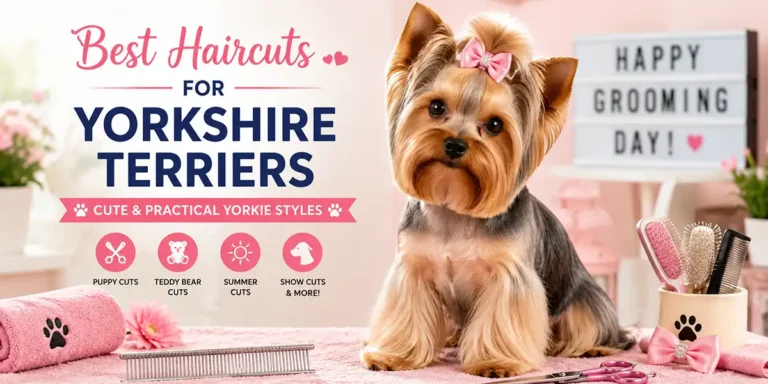 A freshly groomed Yorkshire Terrier with a cute haircut sitting in a pastel grooming studio with brushes, combs, bows, and grooming tools nearby.