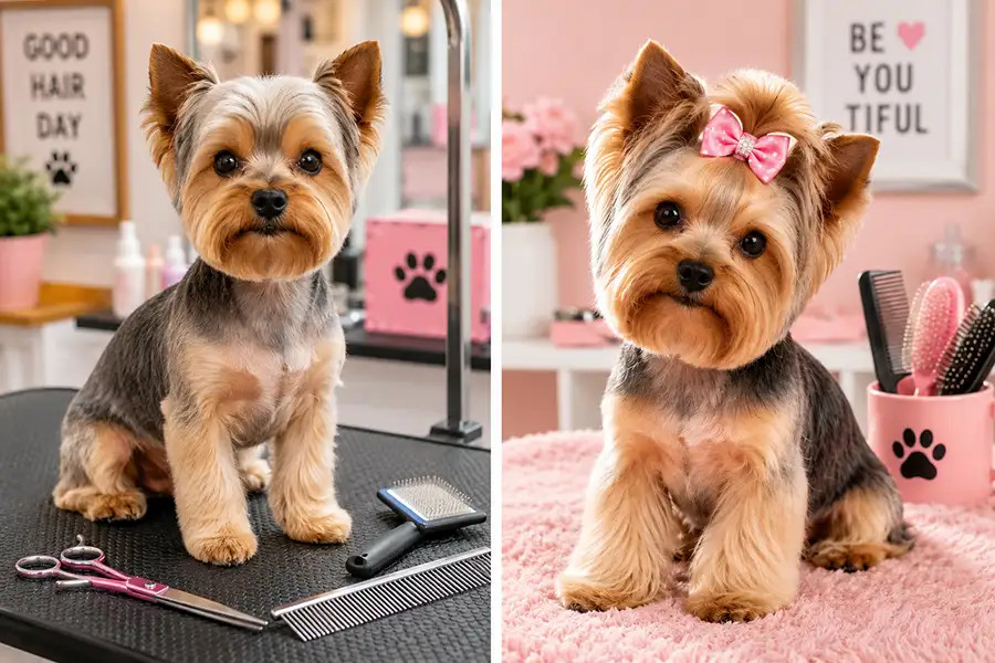 A Yorkshire Terrier with a short puppy cut sitting on a grooming table beside combs and scissors.