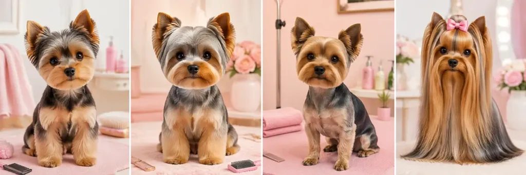 A Yorkie with a rounded teddy bear haircut wearing a pink bow in a cozy grooming room.