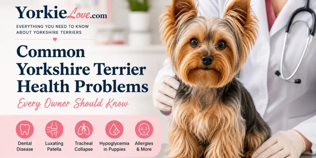 A healthy Yorkshire Terrier sitting in a bright veterinary clinic with a caring vet nearby, representing common Yorkie health and wellness care.