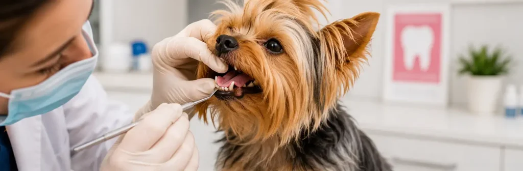 A Yorkshire Terrier receiving a gentle dental checkup to help prevent common Yorkie dental health problems.