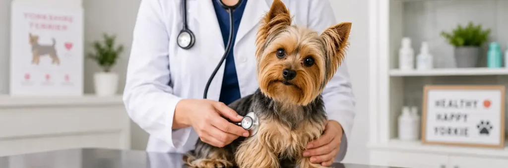 A Yorkie sitting calmly during a veterinary wellness exam for preventive health care.