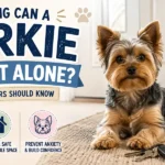 A Yorkshire Terrier resting calmly in a bright, cozy home while its owner prepares to leave for a short time