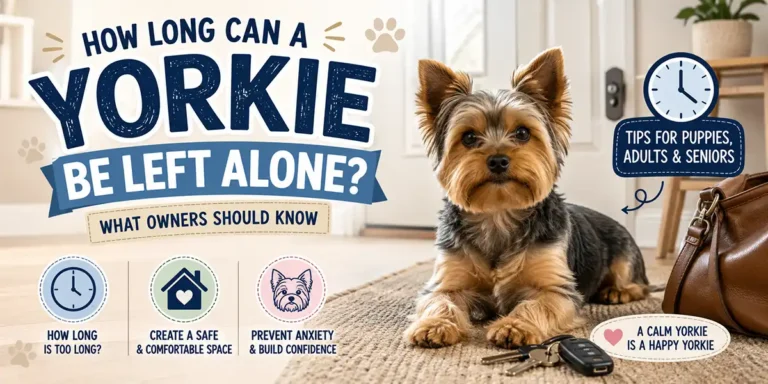 A Yorkshire Terrier resting calmly in a bright, cozy home while its owner prepares to leave for a short time