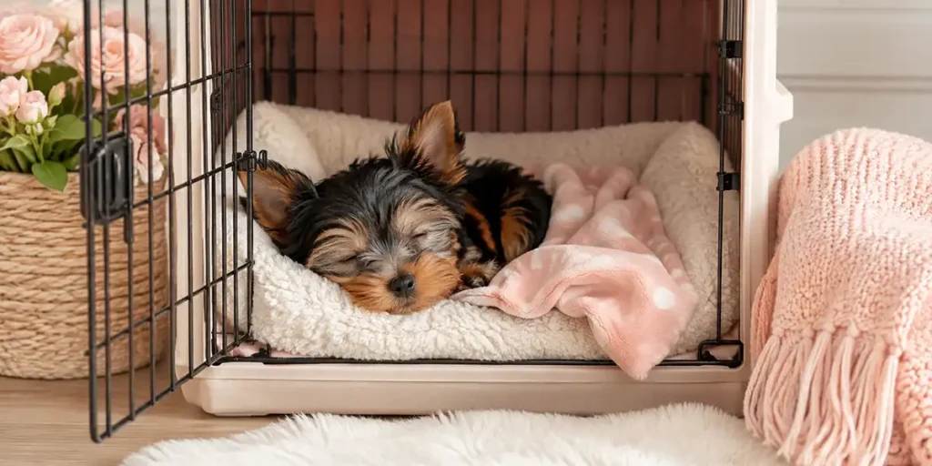 Yorkie Puppy Care: A Yorkshire Terrier puppy resting comfortably in a cozy crate during its first night at home.