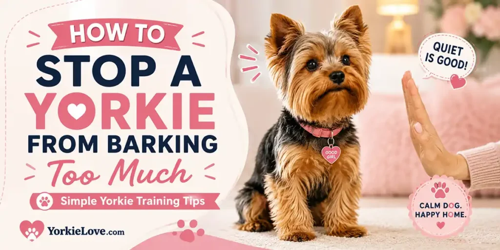 A Yorkshire Terrier sitting alertly in a cozy home while learning calm behavior and quiet training.