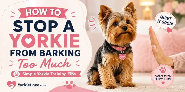 A Yorkshire Terrier sitting alertly in a cozy home while learning calm behavior and quiet training.