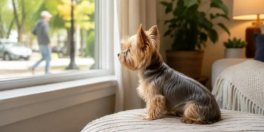 A Yorkie looking out a window while learning how to stop a yorkie from barking at outdoor noises.
