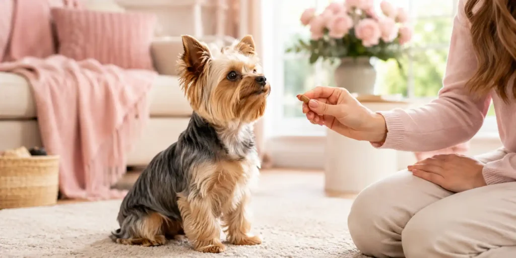 A Yorkshire Terrier practicing quiet command training with treats in a cozy indoor setting.