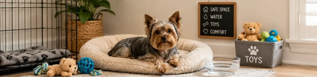 Can a Yorkie be left alone. A Yorkshire Terrier relaxing comfortably in a safe home area with a bed, water and enrichment toys.