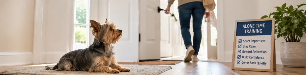 A Yorkie owner practicing short departures while the dog remains calm near the front door.