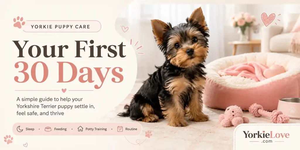 A happy Yorkshire Terrier puppy settling into a bright, cozy home with a bed, toys and essential puppy supplies.