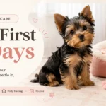 A happy Yorkshire Terrier puppy settling into a bright, cozy home with a bed, toys and essential puppy supplies.