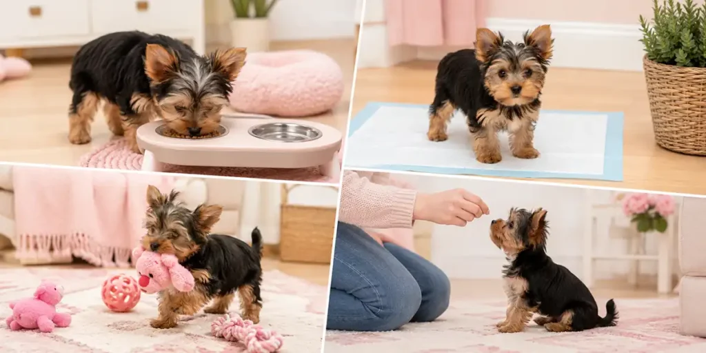 A Yorkie puppy following a daily routine with meals, potty breaks, playtime and gentle training.