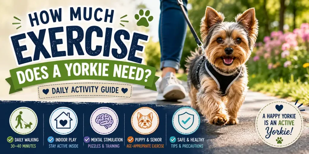 A happy Yorkshire Terrier enjoying a gentle walk and active play as part of a healthy daily exercise routine.