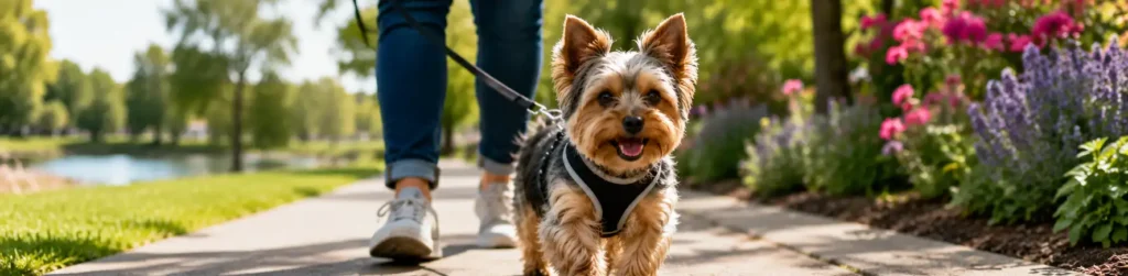 How much exercise does a yorkie need. A Yorkshire Terrier enjoying a comfortable outdoor walk with its owner on a secure small-dog harness.