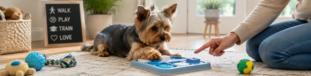 A Yorkie playing with puzzle toys and practicing simple training games inside a bright home.