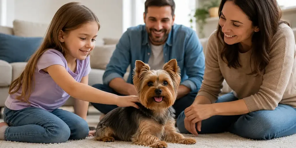 Are Yorkshire Terriers good family Dogs? A child sitting gently beside a Yorkshire Terrier while an adult supervises their calm interaction.
