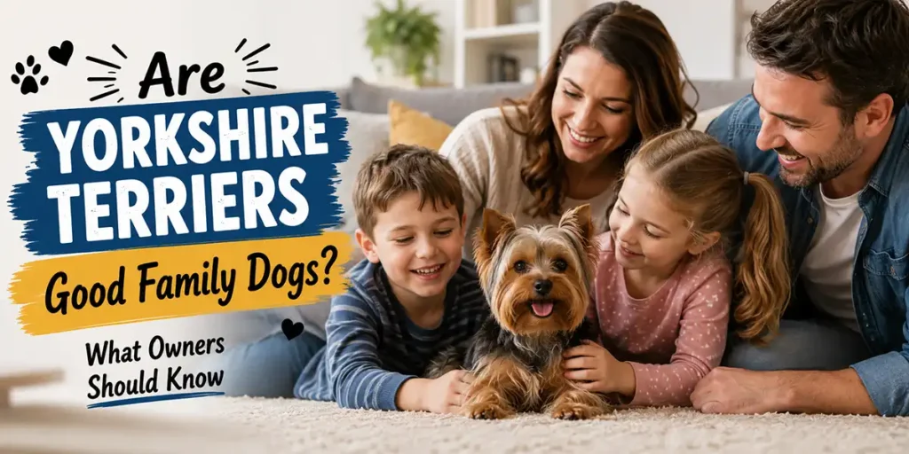 A happy Yorkshire Terrier relaxing with a loving family in a bright, cozy living room.