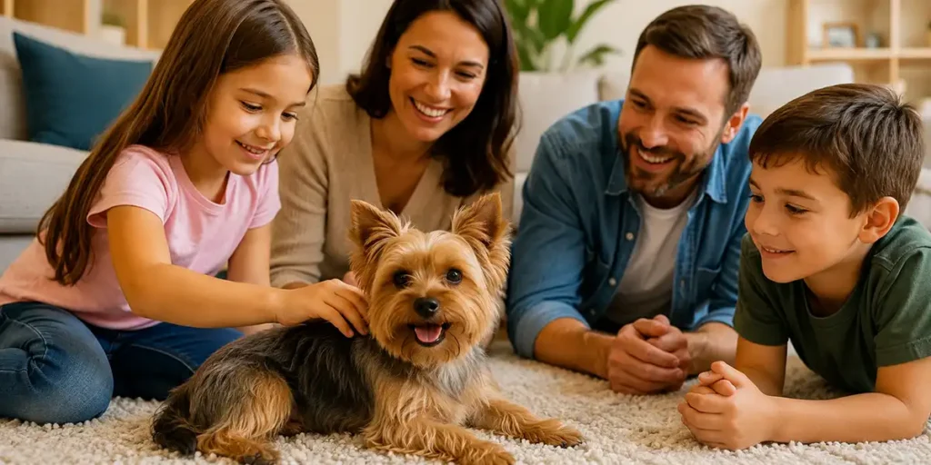 A Yorkshire Terrier enjoying playtime and companionship with family members in a comfortable home.
