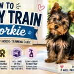 A Yorkshire Terrier learning successful potty training with its owner in a bright, clean home.