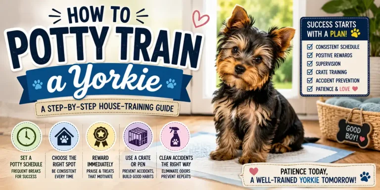 A Yorkshire Terrier learning successful potty training with its owner in a bright, clean home.