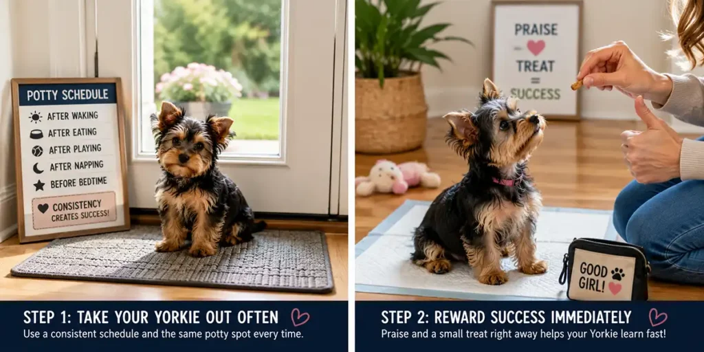 How to potty train a Yorkie. A Yorkie puppy waiting calmly by the door as part of a consistent potty-training routine.