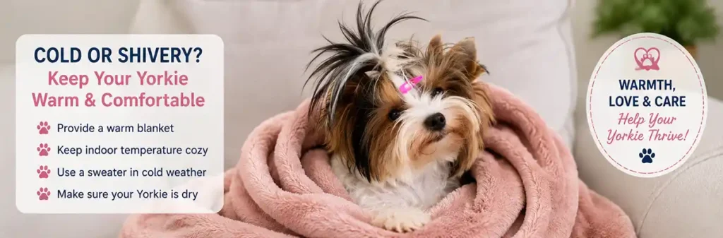 Why is my Yorkie shaking. A small Yorkshire Terrier wrapped comfortably in a warm blanket after becoming cold and shivery.