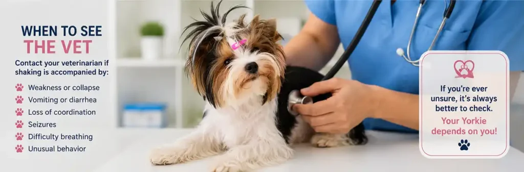 A veterinarian gently examining a Yorkshire Terrier that has been experiencing unusual shaking or trembling.