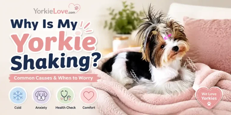A concerned Yorkshire Terrier owner comforting a trembling Yorkie while checking for signs of illness or discomfort.