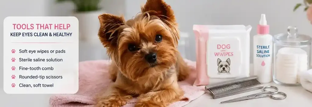 Yorkie eye-care supplies including soft wipes and grooming tools arranged beside a relaxed Yorkshire Terrier.