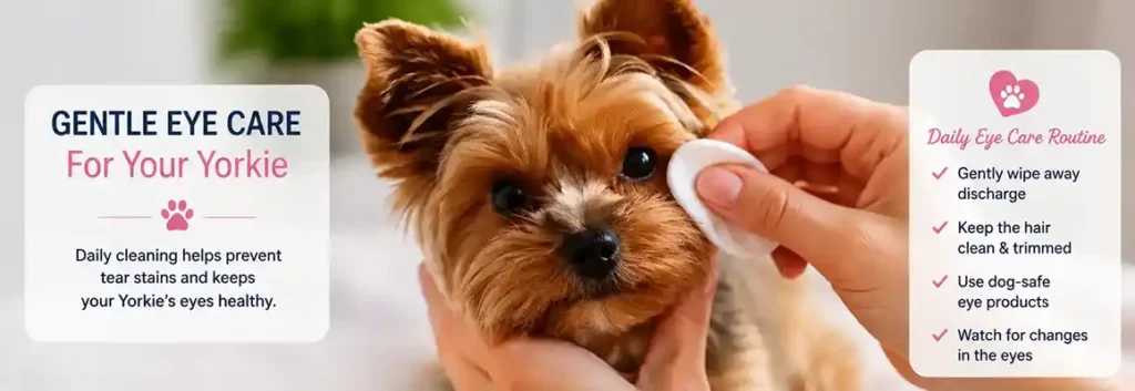 Yorkie Tear Stains: A Yorkshire Terrier having its eye area gently wiped with a soft dog-safe eye pad.