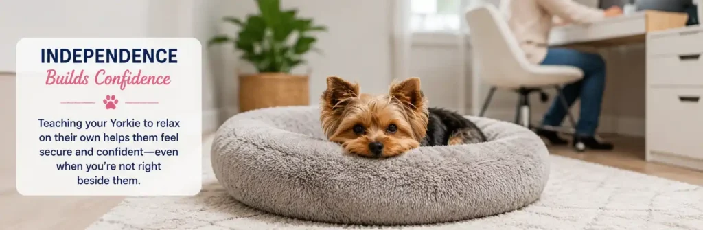 A relaxed Yorkie resting independently on its own cozy bed while its owner works nearby.