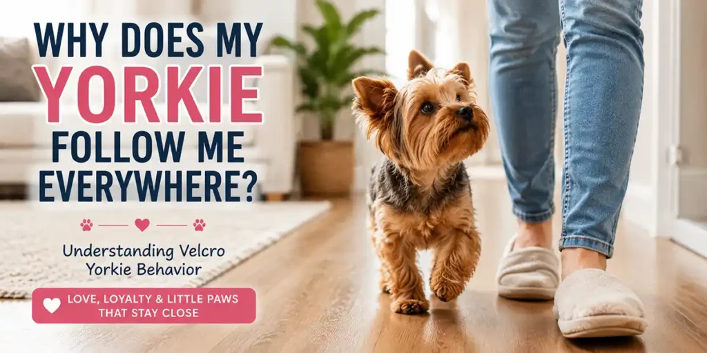 A loving Yorkshire Terrier following its owner through a bright home, showing the close bond and affectionate personality common in Yorkies.