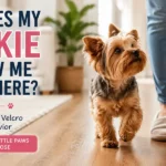 A loving Yorkshire Terrier following its owner through a bright home, showing the close bond and affectionate personality common in Yorkies.
