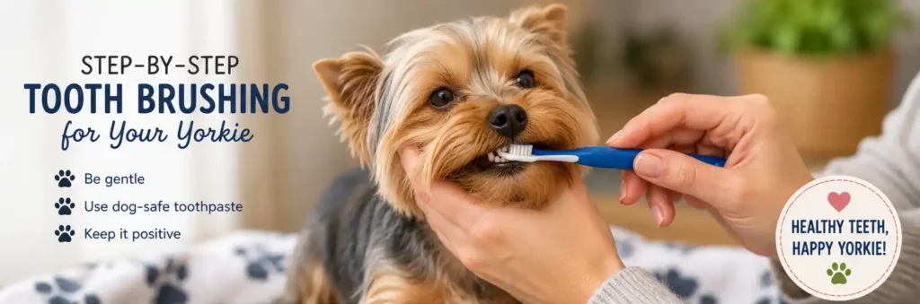A Yorkshire Terrier calmly having its teeth brushed with a small dog toothbrush and dog-safe toothpaste.