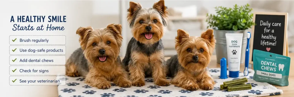 Yorkies dental-care supplies including a small toothbrush, dog toothpaste and dental chews arranged beside a relaxed Yorkshire Terrier. brush a Yorkie’s teeth