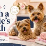 A Yorkshire Terrier having its teeth gently brushed as part of a healthy Yorkie dental care routine.