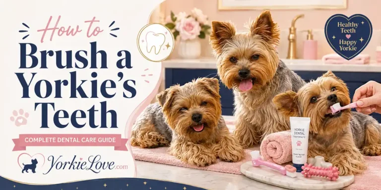 A Yorkshire Terrier having its teeth gently brushed as part of a healthy Yorkie dental care routine.